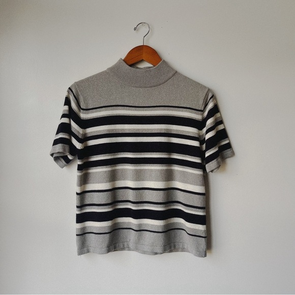 Vintage 70s Croft & Barrow Striped Mock Neck Knit Top Short Sleeve Sweater - Picture 2 of 10